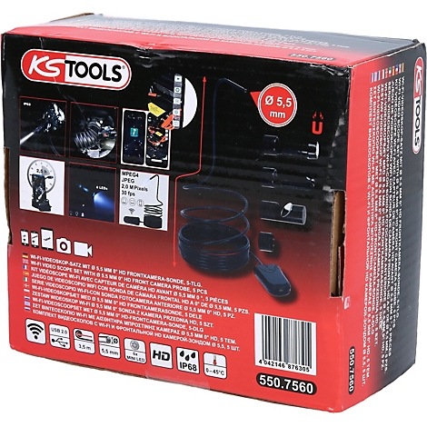 Auf roter Box KS TOOLS steht ein Endoskop-Kit. Produktbilder, technische Daten und Produktnummer.